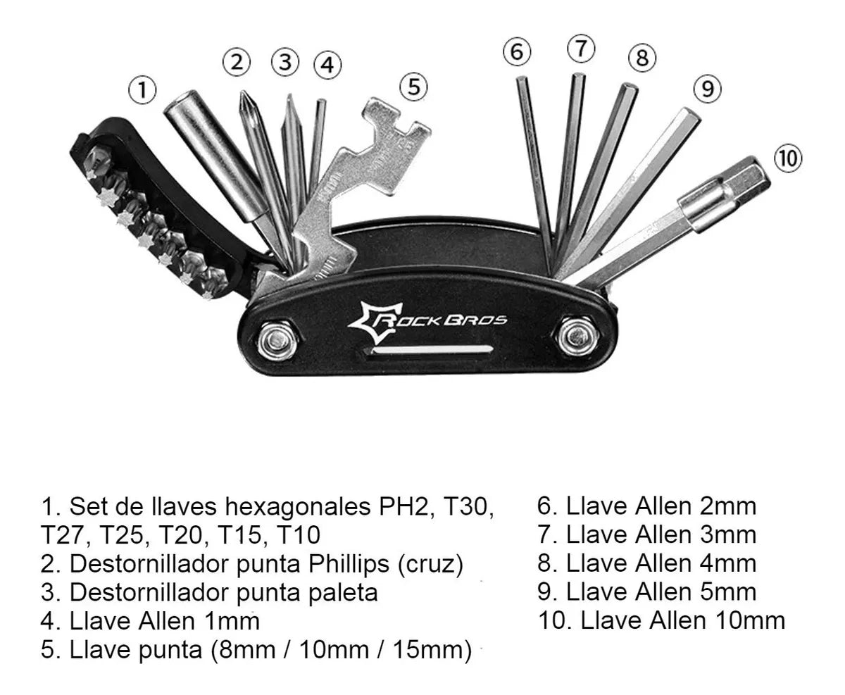 KIT HERRAMIENTAS ROCKBROS 16 EN 1 SET REPARACIÓN BICICLETA